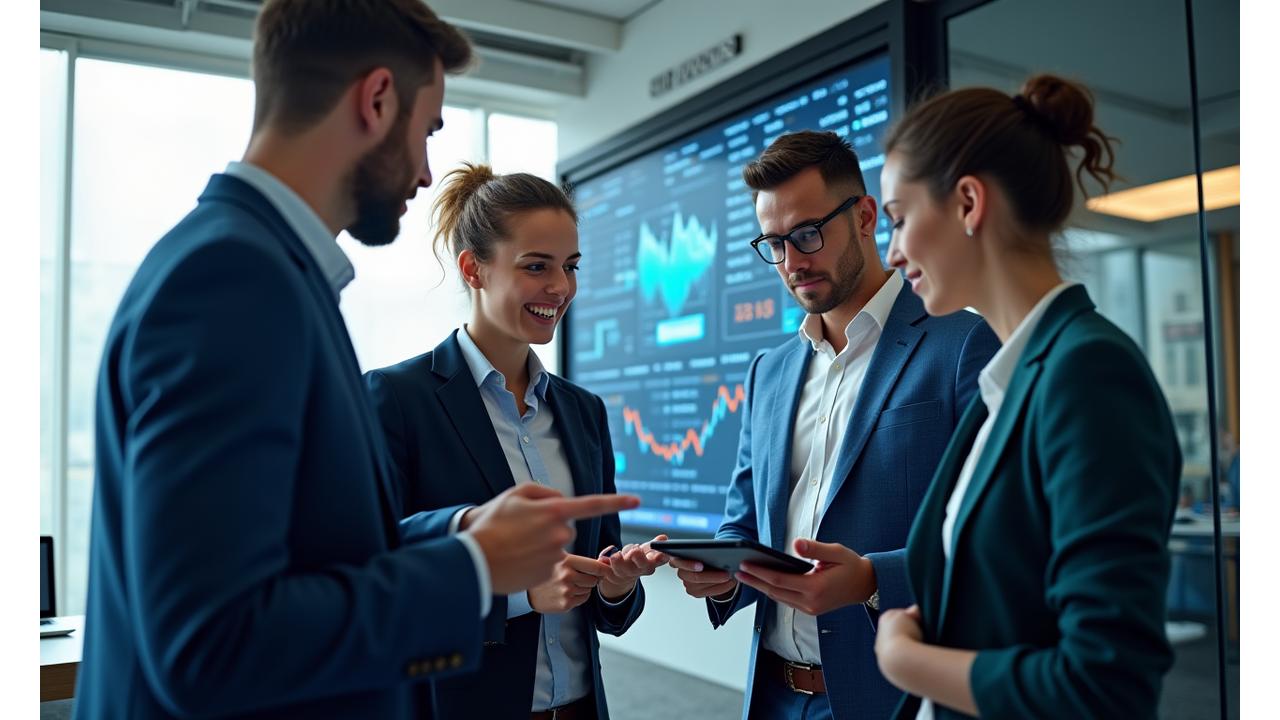 Finansų Ritmas komanda dirba šiuolaikiškame biure, aptaria finansines strategijas su klientu, iliustruojanti profesionalumą ir bendradarbiavimą.