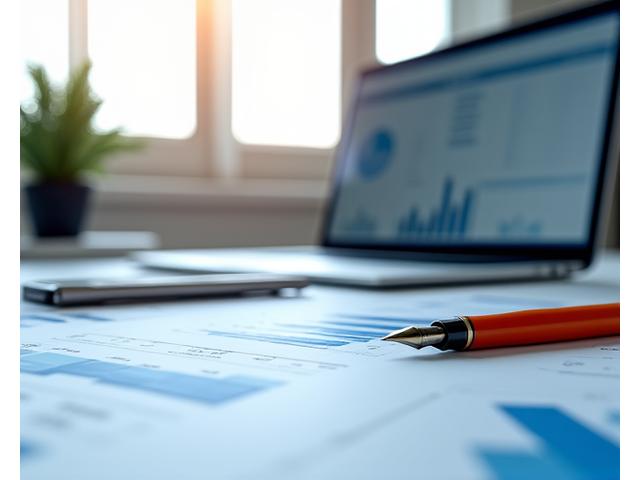 Stilinga biuro aplinka su finansinėmis ataskaitomis ir kompiuteriu, simbolizuojanti tikslumą ir profesionalumą.