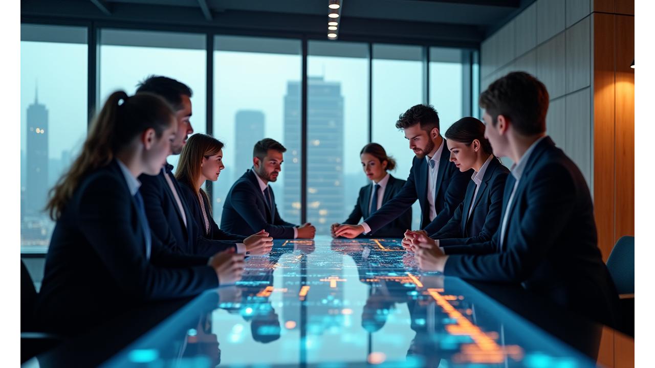 Modernus biuras su strategiškai dirbančiais finansų ekspertais, apšviestas mėlynai oranžine spalva, simbolizuojanti inovacijas ir sėkmę.