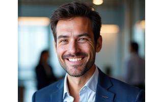 IT startuolio vadovo Jono Petrausko nuotrauka su verslo komanda moderniame biure.