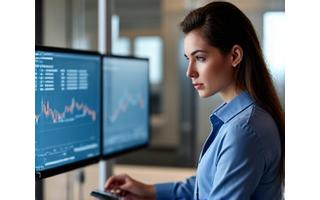 Prekybos įmonės finansų vadovės Ugnės Kazlauskaitės nuotrauka biure, peržiūrinti finansines ataskaitas.