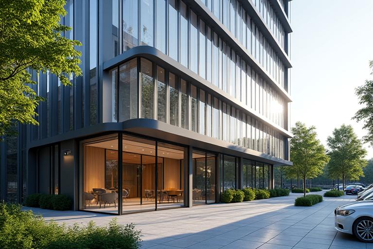 Moderna pastato, kuriame yra Finansų Ritmas biuras Vilniuje, eksterjeras su ryškiu įėjimu ir žaliuojančia aplinka