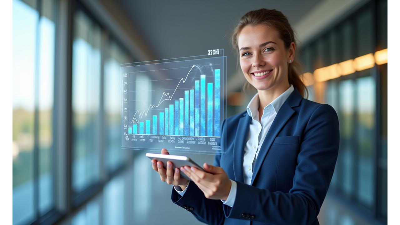 Profesionalus finansų konsultantas demonstruoja mokesčių optimizavimo diagramą planšetiniame kompiuteryje, fone šiuolaikinio biuro aplinka.