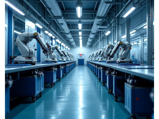 Moderni gamybos linija su robotais ir dirbančiais inžinieriais, iliustruojanti gamybos plėtrą.