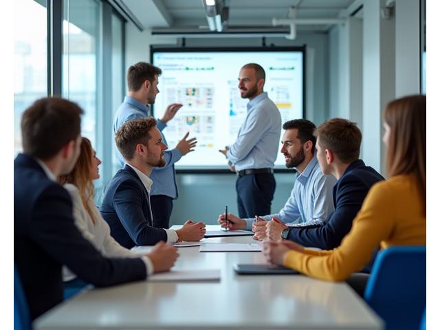 Grupė žmonių, dalyvaujančių mokymuose ar seminare, atspindintys darbuotojų kvalifikacijos kėlimą.