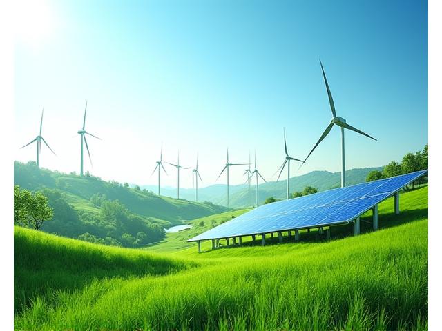 Vėjo jėgainės ir saulės panelės žalioje aplinkoje, atspindinčios tvarią energiją.
