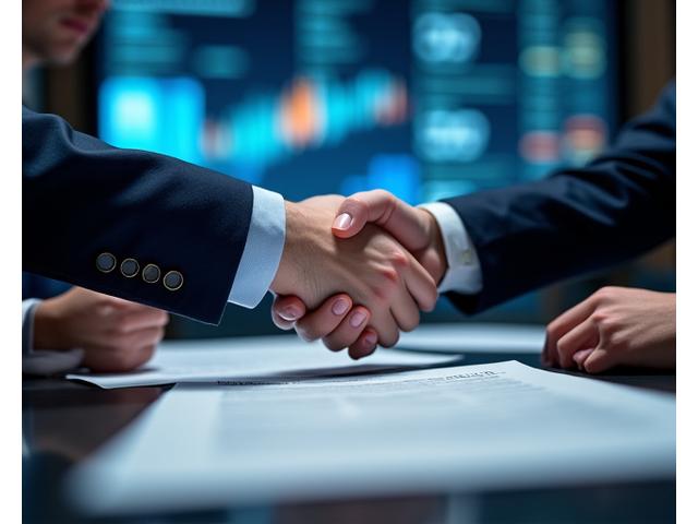 Rankos, patvirtinančios sandorį virš dokumentų su grafikais ir investicijų simboliais iliustracija