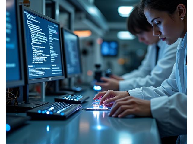 Tyrimų ir plėtros laboratorijos aplinkos su mokslininkais ir naujoviška įranga iliustracija